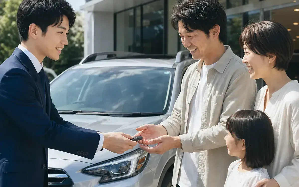 納車を喜ぶお客様とスタッフ