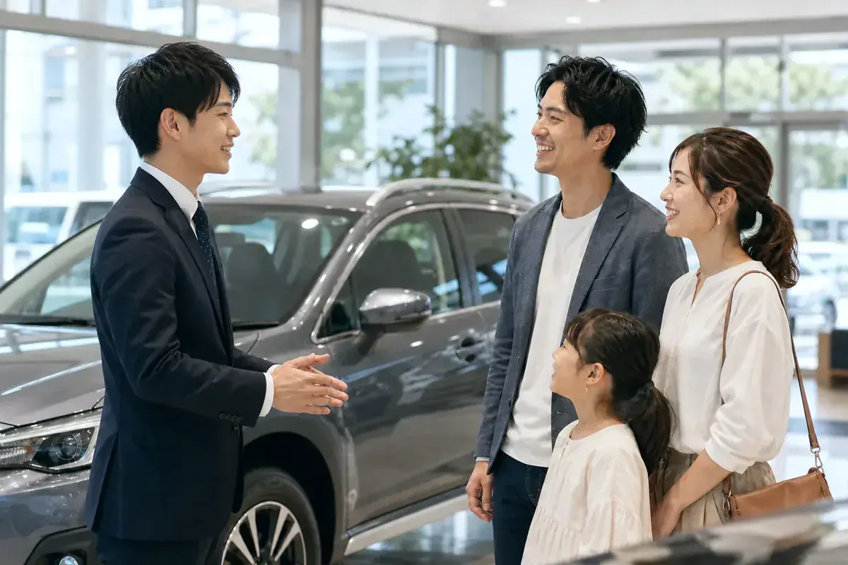 来店したお客様と車のそばで会話する営業スタッフ