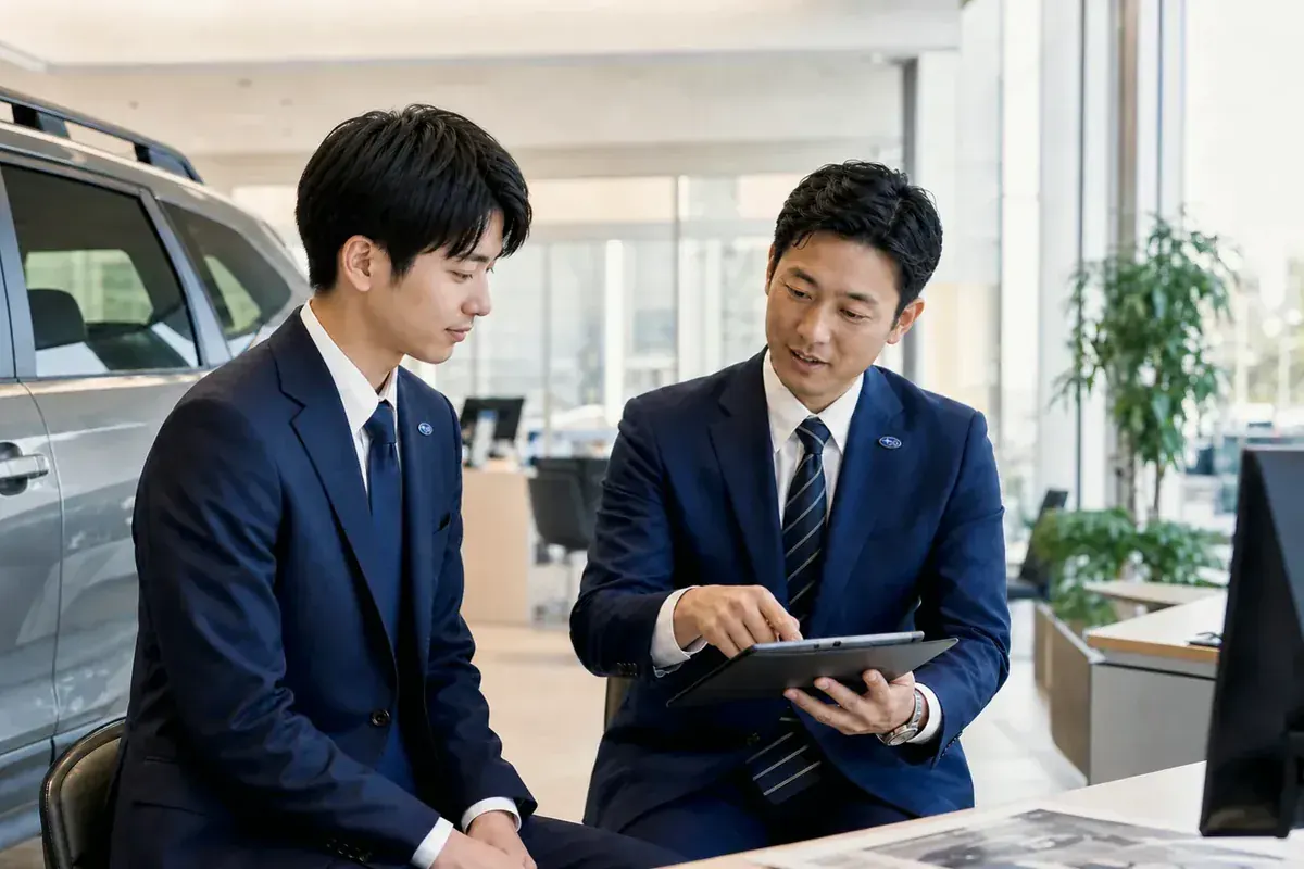 先輩が後輩に業務を教えている場面